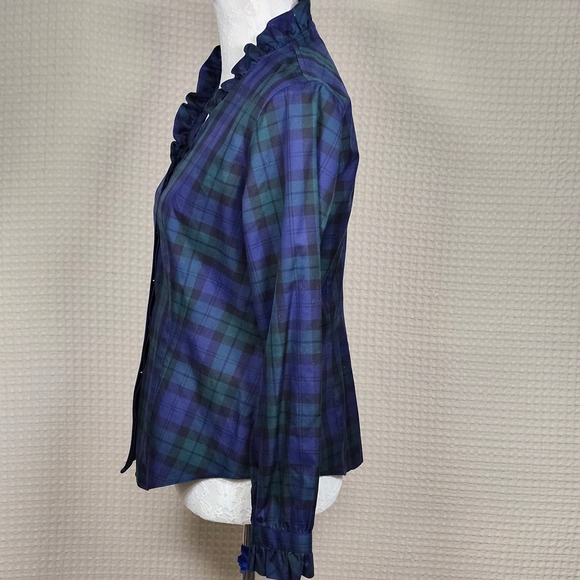 Brooks Brothers Plaid Ruffle Neck Women 6P Blue Green Long Sleeve Button Up - Picture 3 of 8